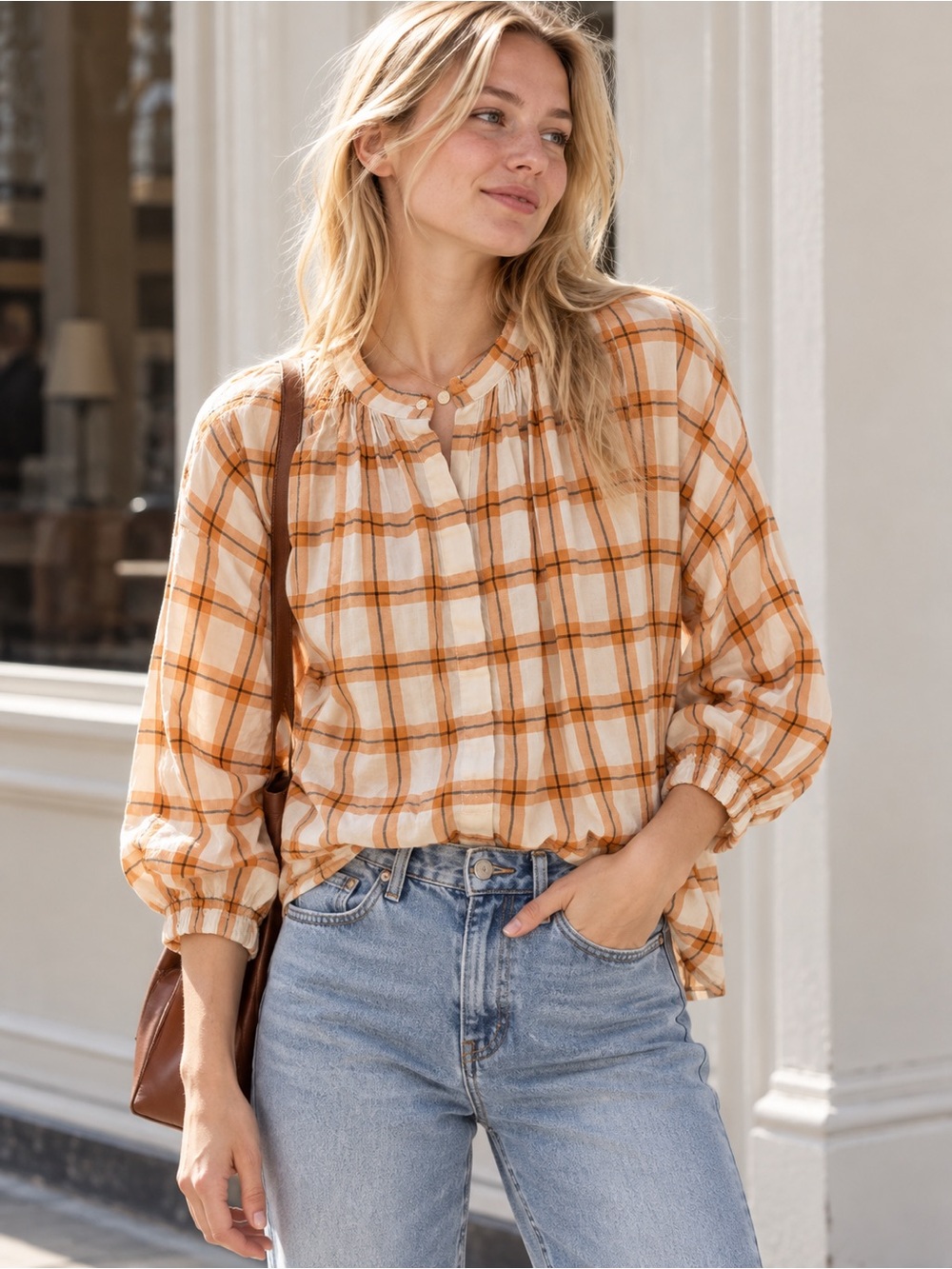 Lightweight Beige & Brown Plaid Blouse - Relaxed Fit